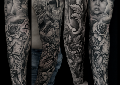 full sleeve tattoo black and grey